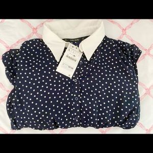Zara Navy Polka Dot Pleated Dress